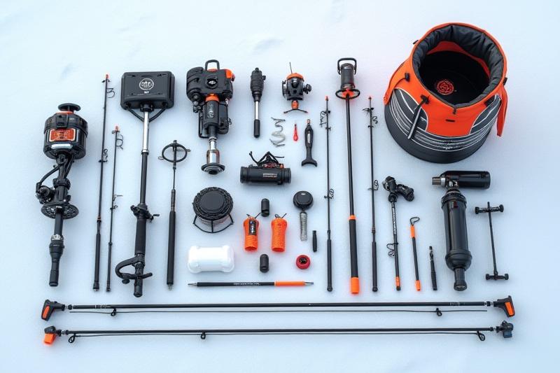 Variedad de equipo de pesca en hielo, incluyendo cañas, barrenos y un refugio portátil.