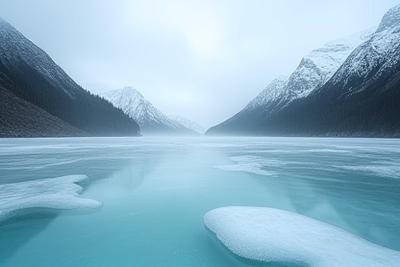 Lago Escondido congelado en Ushuaia, con montañas nevadas de fondo.