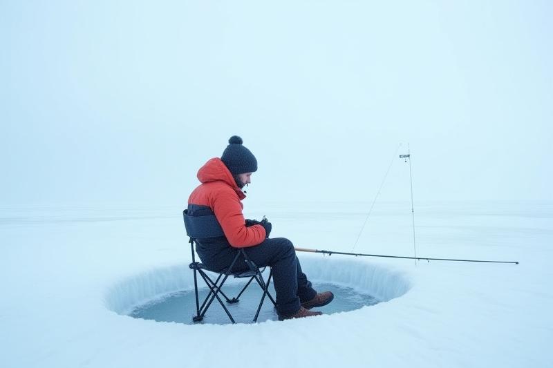 Expedición de pesca en hielo en un lago patagónico congelado, con un pescador y equipo especializado.