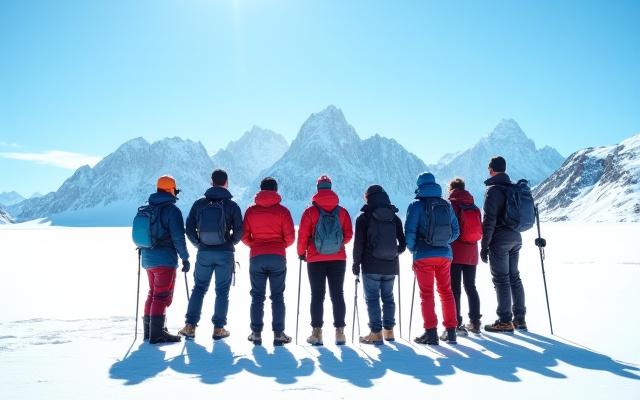 Grupo de aventureros con equipo de montaña en un paisaje nevado.
