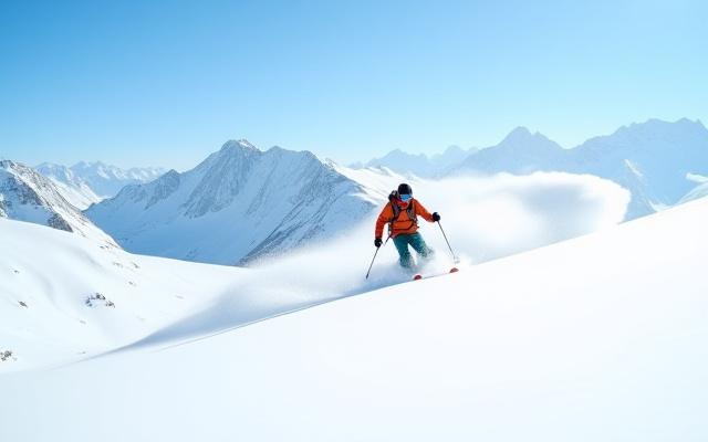 Esquiador de travesía en terreno virgen con montañas al fondo.