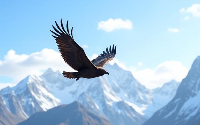 Cóndor andino majestuoso volando sobre montañas nevadas.