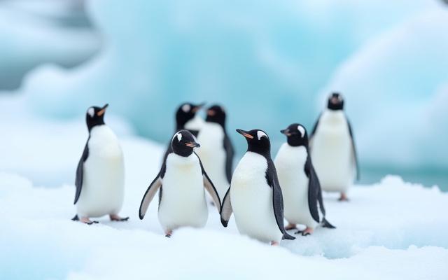 Grupo de pingüinos en una banquisa de hielo patagónica.