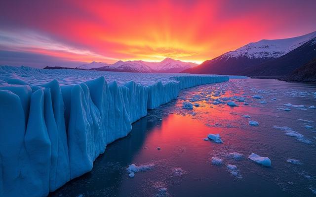 Glaciar iluminado por los colores del atardecer.