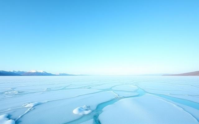 Vasto lago congelado bajo un cielo patagónico dramático.