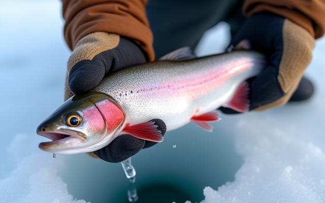 Pescador sosteniendo una captura de trucha fresca.