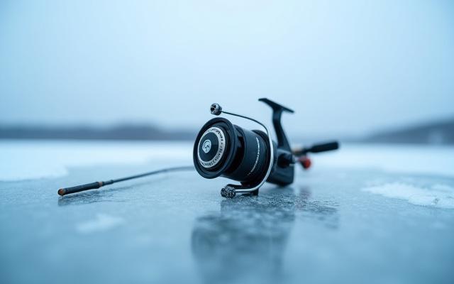 Detalle de carrete de pesca y caña sobre el hielo.