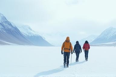 Grupo de personas explorando un lago congelado
