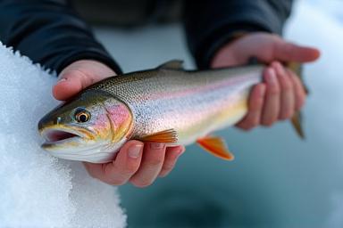 Pescador con gran captura en lago congelado