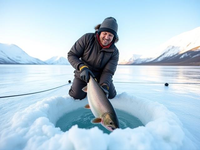 Pescador sacando una trucha del hielo