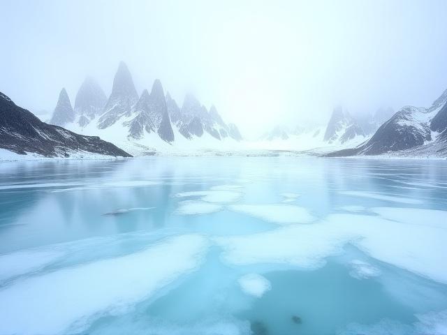 Paisaje panorámico de un lago helado con montañas